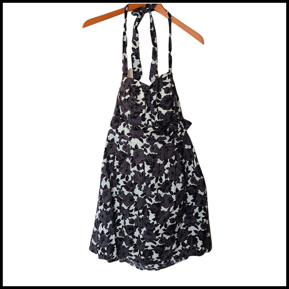 City Triangles Black White Roses Dress Juniors 16 Neck Tie Back Zipper Mini